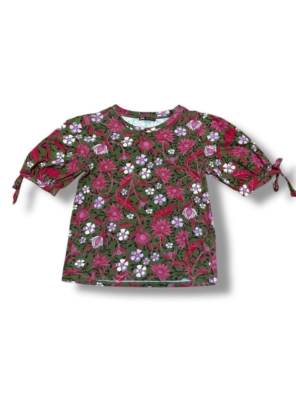 Zara Green Pink Floral Puff Sleeve Stretch Top – Size Small